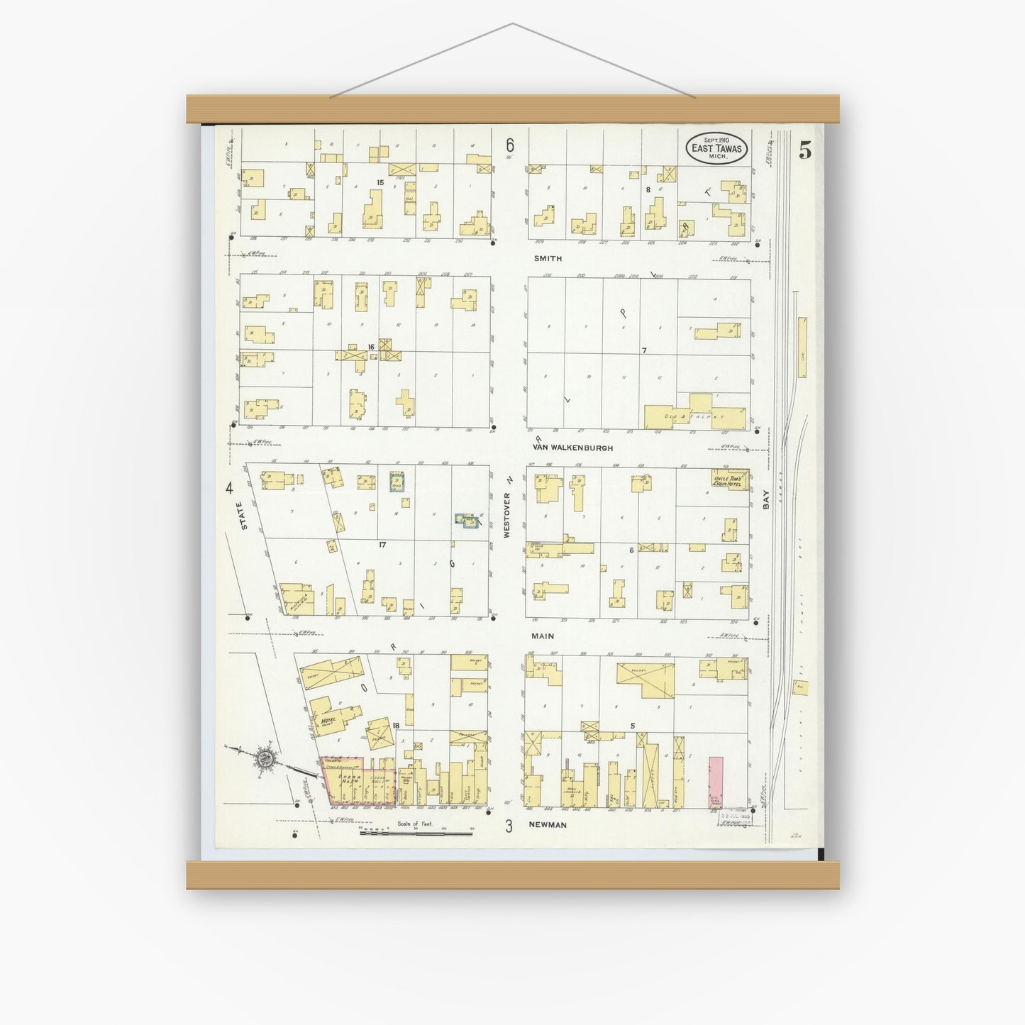 Old map wall art mockup — magnetic wood frame on white wall — Sanborn Fire Insurance Map from East Tawas, Iosco County, Michigan (1910), Sheet #0005