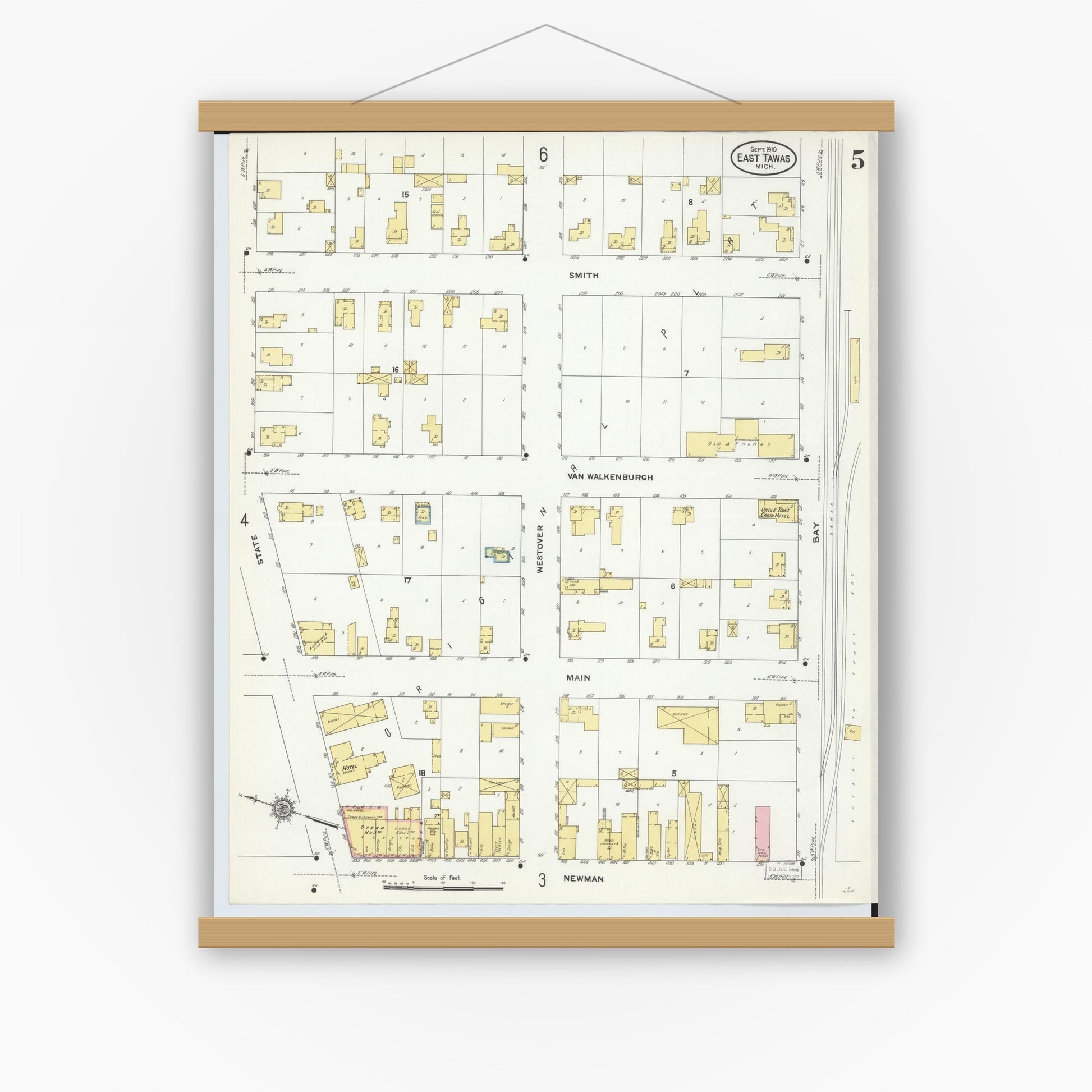 Old map wall art mockup — magnetic wood frame on white wall — Sanborn Fire Insurance Map from East Tawas, Iosco County, Michigan (1910), Sheet #0005