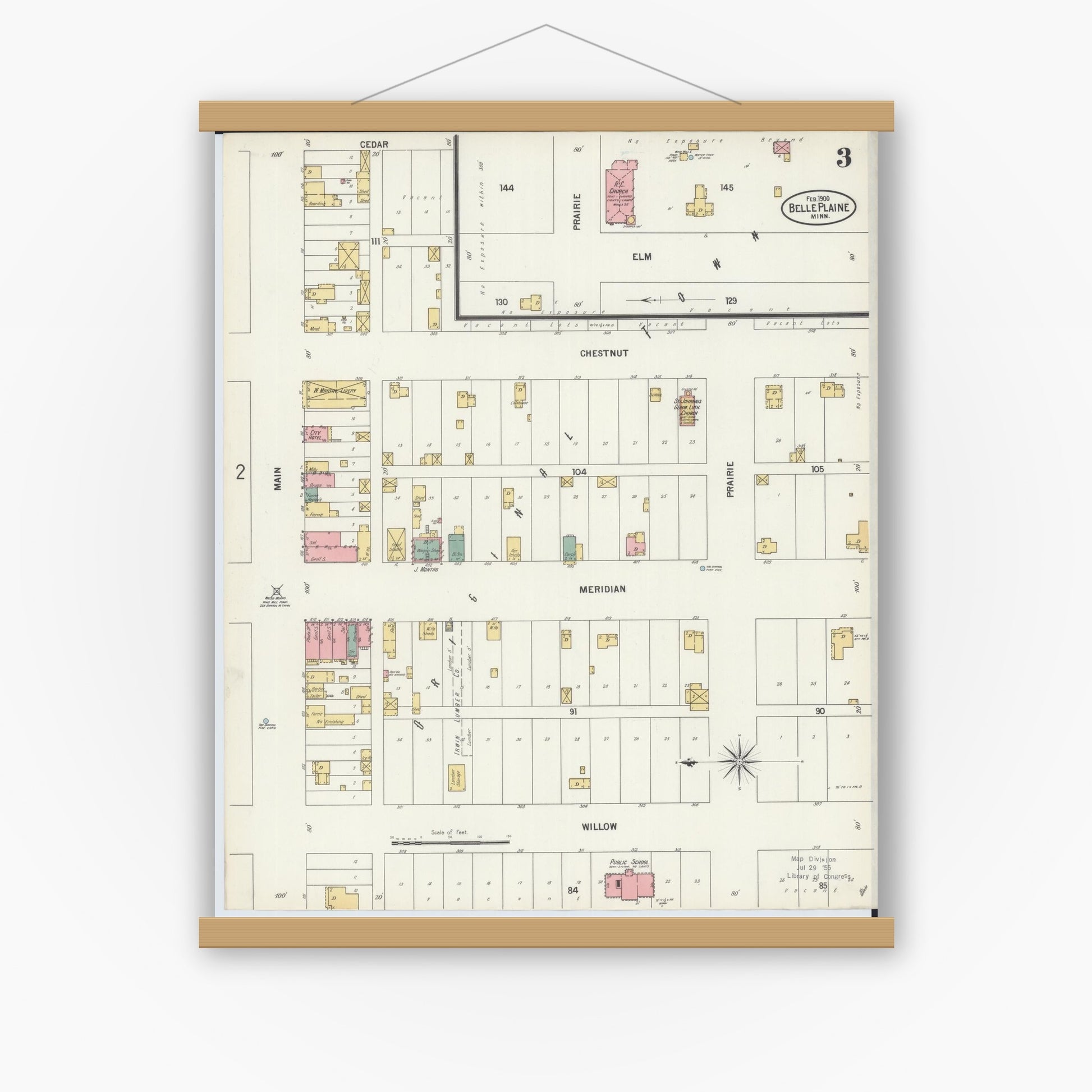 Old map wall art mockup — magnetic wood frame on white wall — Sanborn Fire Insurance Map from Belle Plaine, Scott County, Minnesota (1900), Sheet #0003