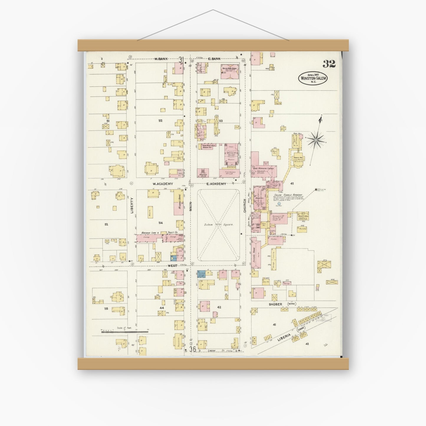 Old map wall art mockup — magnetic wood frame on white wall — Sanborn Fire Insurance Map from Winston-Salem, Forsyth County, North Carolina (1907), Sheet #0032