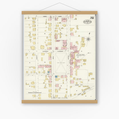 Old map wall art mockup — magnetic wood frame on white wall — Sanborn Fire Insurance Map from Winston-Salem, Forsyth County, North Carolina (1907), Sheet #0032