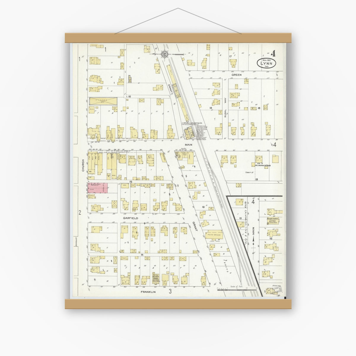 Old map wall art mockup — magnetic wood frame on white wall — Sanborn Fire Insurance Map from Lynn, Randolph County, Indiana (1912), Sheet #0004