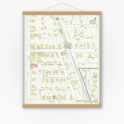 Old map wall art mockup — magnetic wood frame on white wall — Sanborn Fire Insurance Map from Lynn, Randolph County, Indiana (1912), Sheet #0004