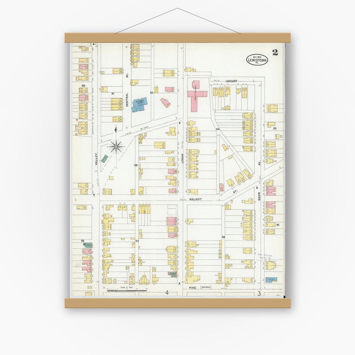 Old map wall art mockup — magnetic wood frame on white wall — Sanborn Fire Insurance Map from Lewistown, Mifflin County, Pennsylvania (1904), Sheet #0002