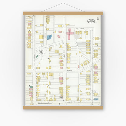 Old map wall art mockup — magnetic wood frame on white wall — Sanborn Fire Insurance Map from Lewistown, Mifflin County, Pennsylvania (1904), Sheet #0002