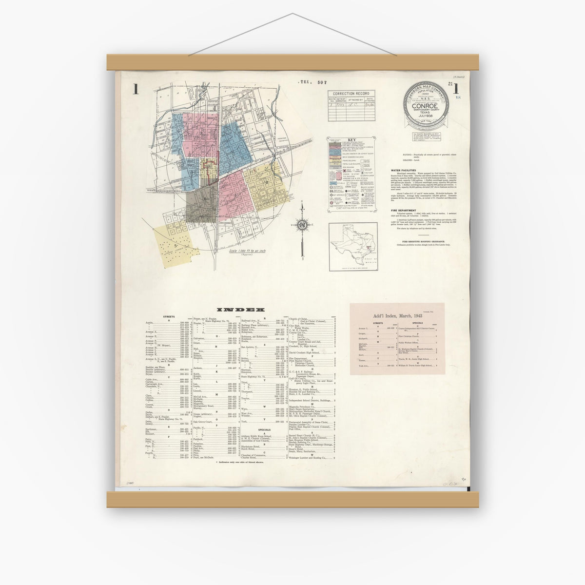 Old map wall art mockup — magnetic wood frame on white wall — Sanborn Fire Insurance Map from Conroe, Montgomery County, Texas (1943) - Complete Map Set
