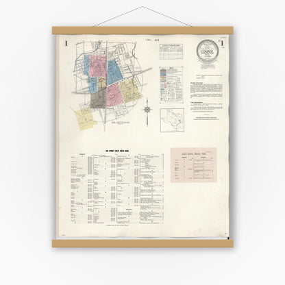 Old map wall art mockup — magnetic wood frame on white wall — Sanborn Fire Insurance Map from Conroe, Montgomery County, Texas (1943) - Complete Map Set