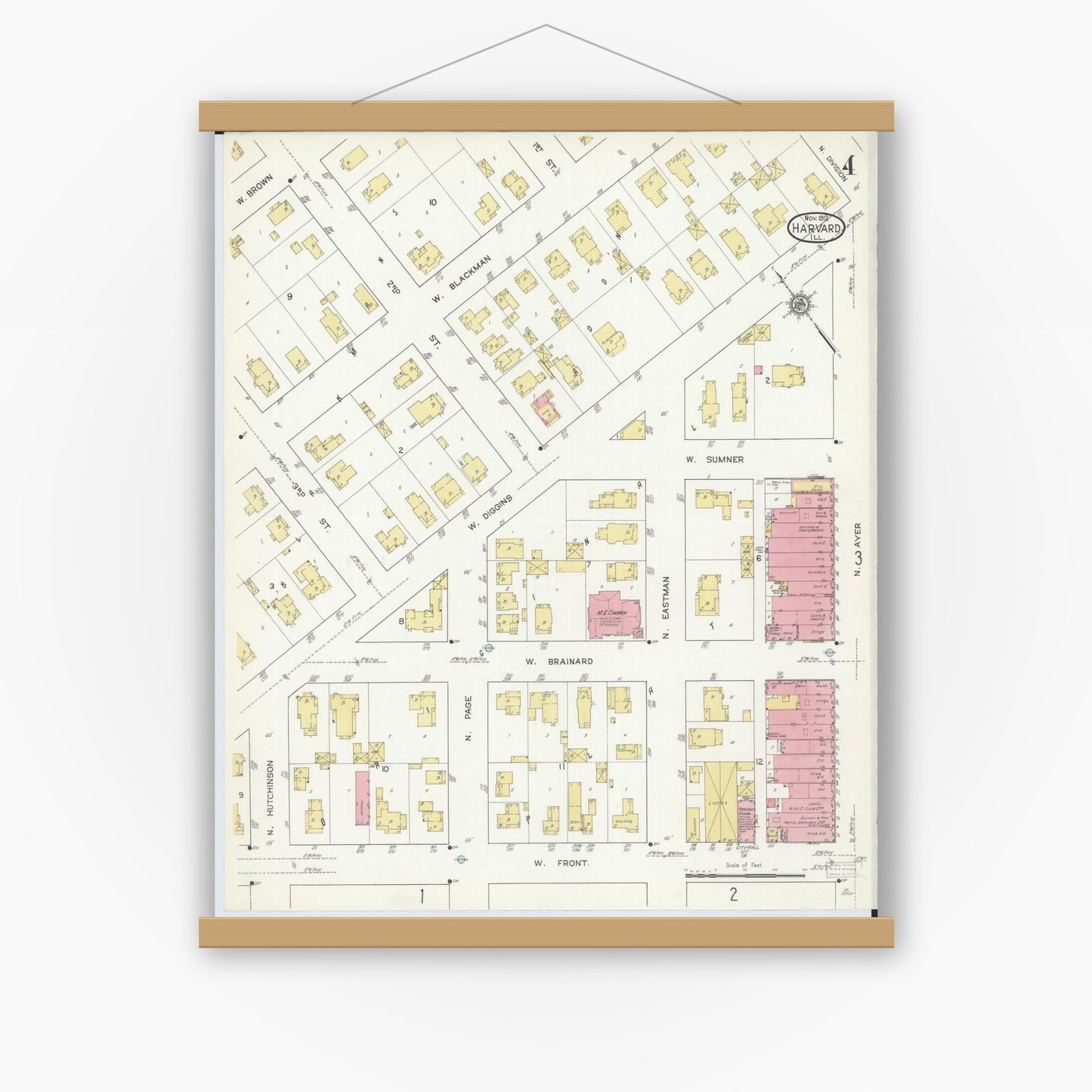 Old map wall art mockup — magnetic wood frame on white wall — Sanborn Fire Insurance Map from Harvard, McHenry County, Illinois (1912), Sheet #0004