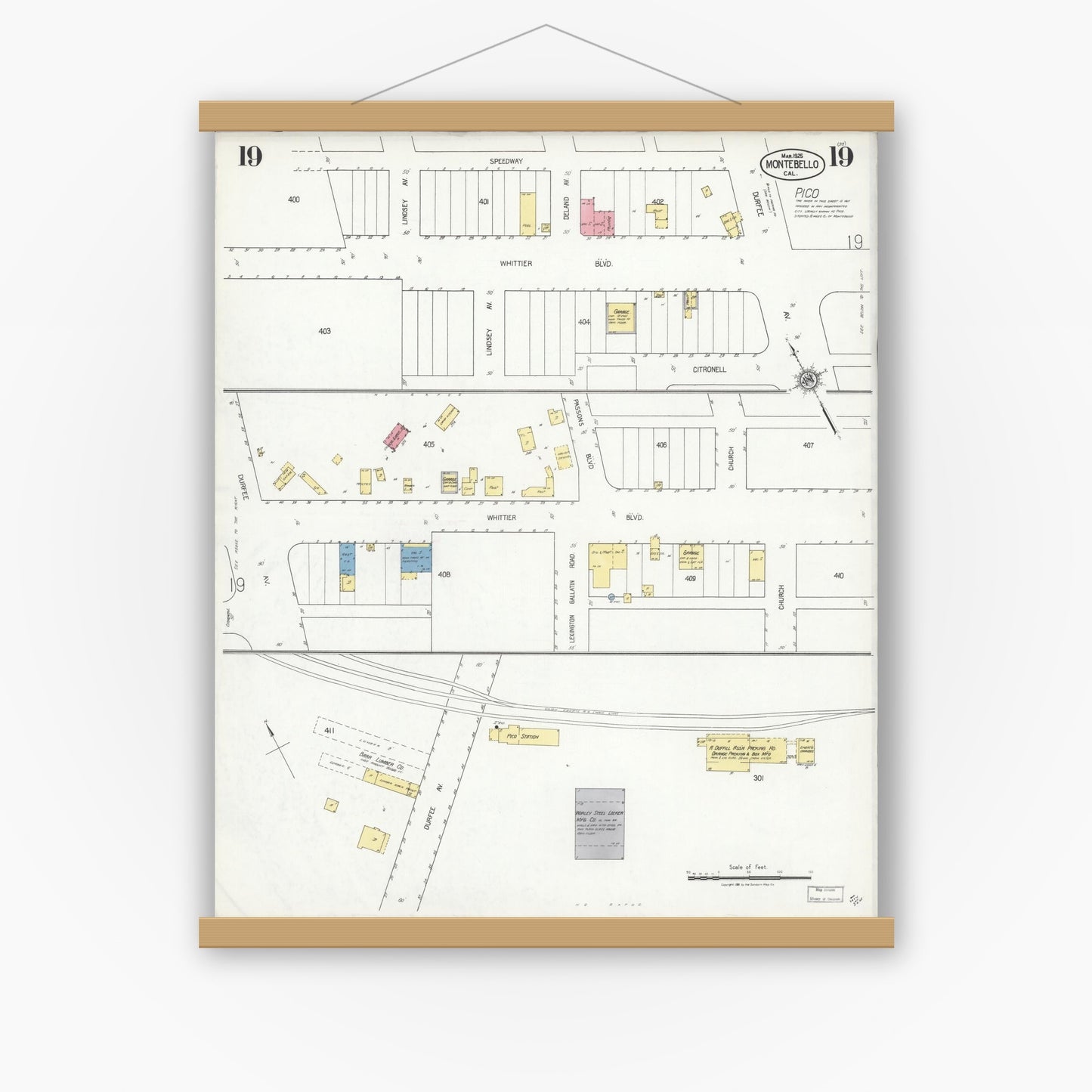 Old map wall art mockup — magnetic wood frame on white wall — Sanborn Fire Insurance Map from Montebello, Los Angeles County, California (1925), Sheet #0019