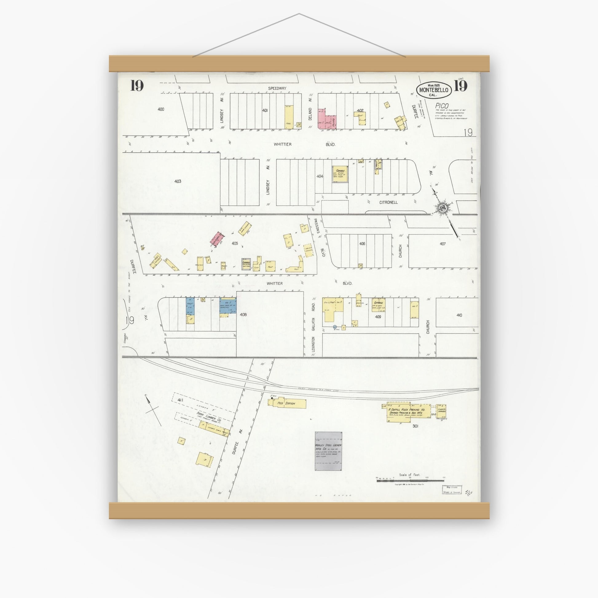 Old map wall art mockup — magnetic wood frame on white wall — Sanborn Fire Insurance Map from Montebello, Los Angeles County, California (1925), Sheet #0019