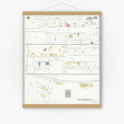 Old map wall art mockup — magnetic wood frame on white wall — Sanborn Fire Insurance Map from Montebello, Los Angeles County, California (1925), Sheet #0019