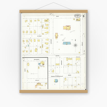 Old map wall art mockup — magnetic wood frame on white wall — Sanborn Fire Insurance Map from Mount Morris, Ogle County, Illinois (1899), Sheet #0003