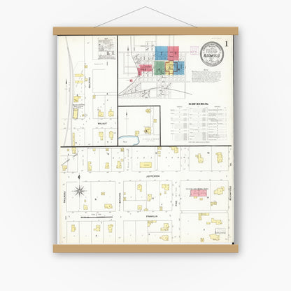 Old map wall art mockup — magnetic wood frame on white wall — Sanborn Fire Insurance Map from Bloomfield, Davis County, Iowa (1907) â€” Complete Set