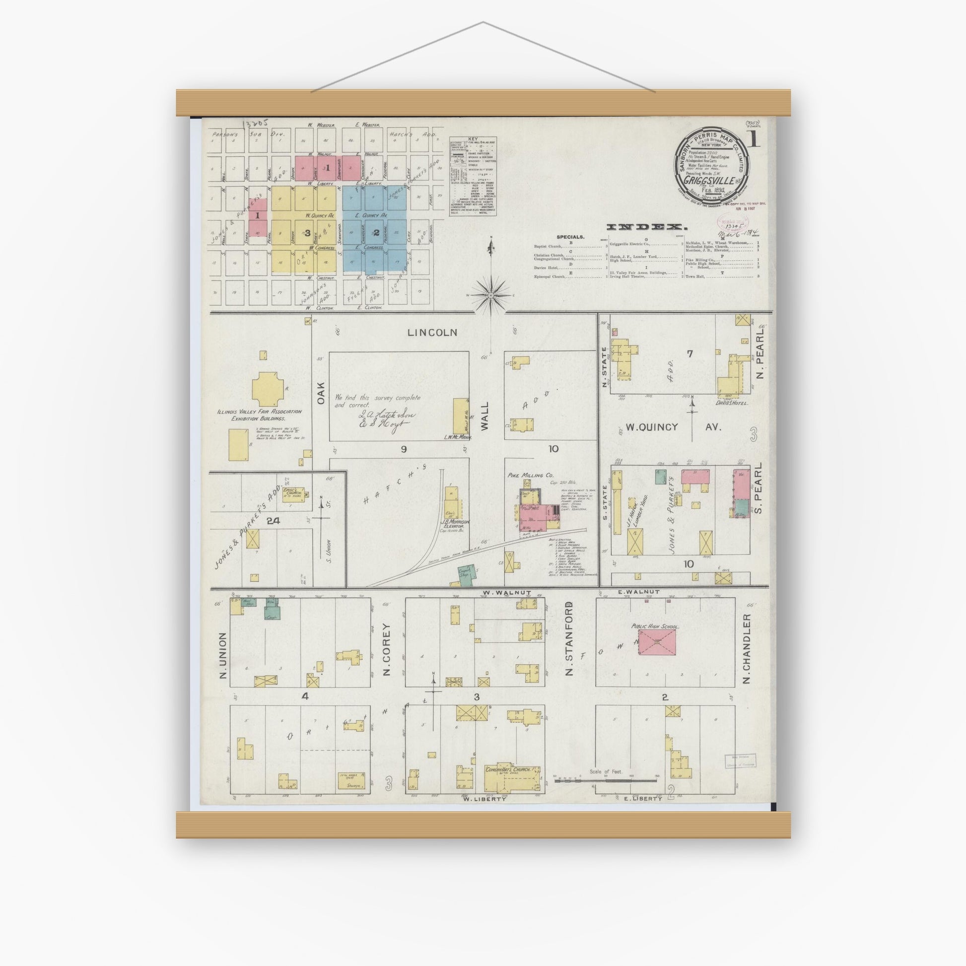 Old map wall art mockup — magnetic wood frame on white wall — Sanborn Fire Insurance Map from Griggsville, Pike County, Illinois (1894) - Complete Map Set
