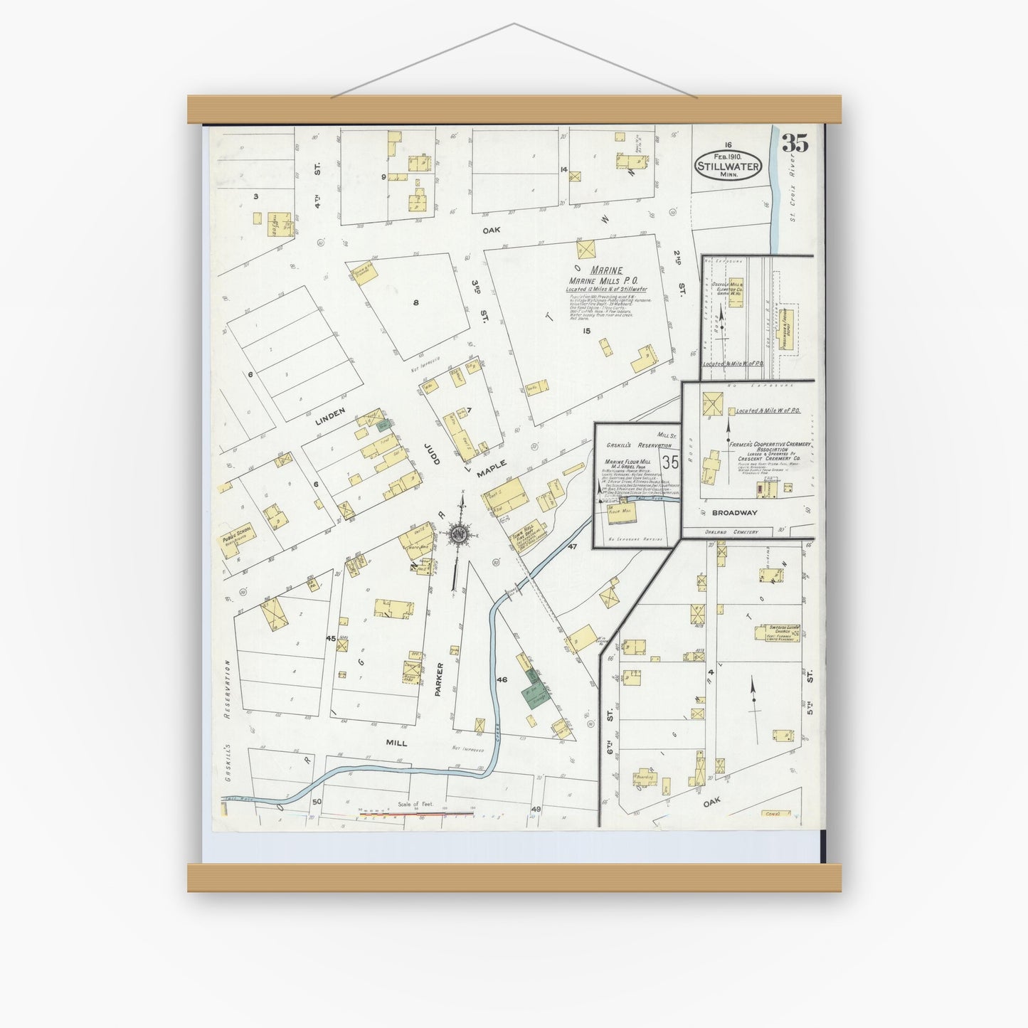 Old map wall art mockup — magnetic wood frame on white wall — Sanborn Fire Insurance Map from Stillwater, Washington County, Minnesota (1910), Sheet #0035