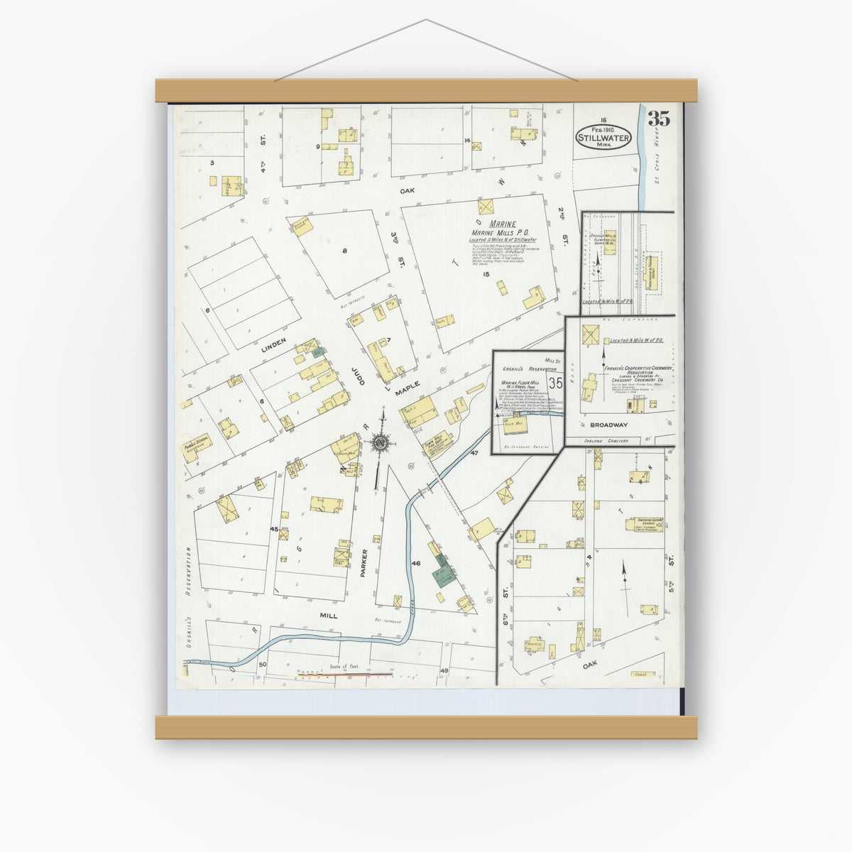 Old map wall art mockup — magnetic wood frame on white wall — Sanborn Fire Insurance Map from Stillwater, Washington County, Minnesota (1910), Sheet #0035