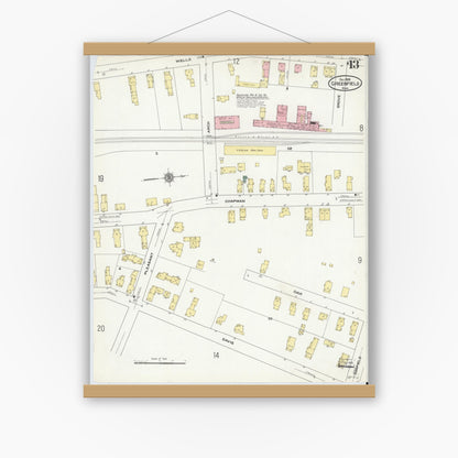Old map wall art mockup — magnetic wood frame on white wall — Sanborn Fire Insurance Map from Greenfield, Franklin County, Massachusetts (1909), Sheet #0013