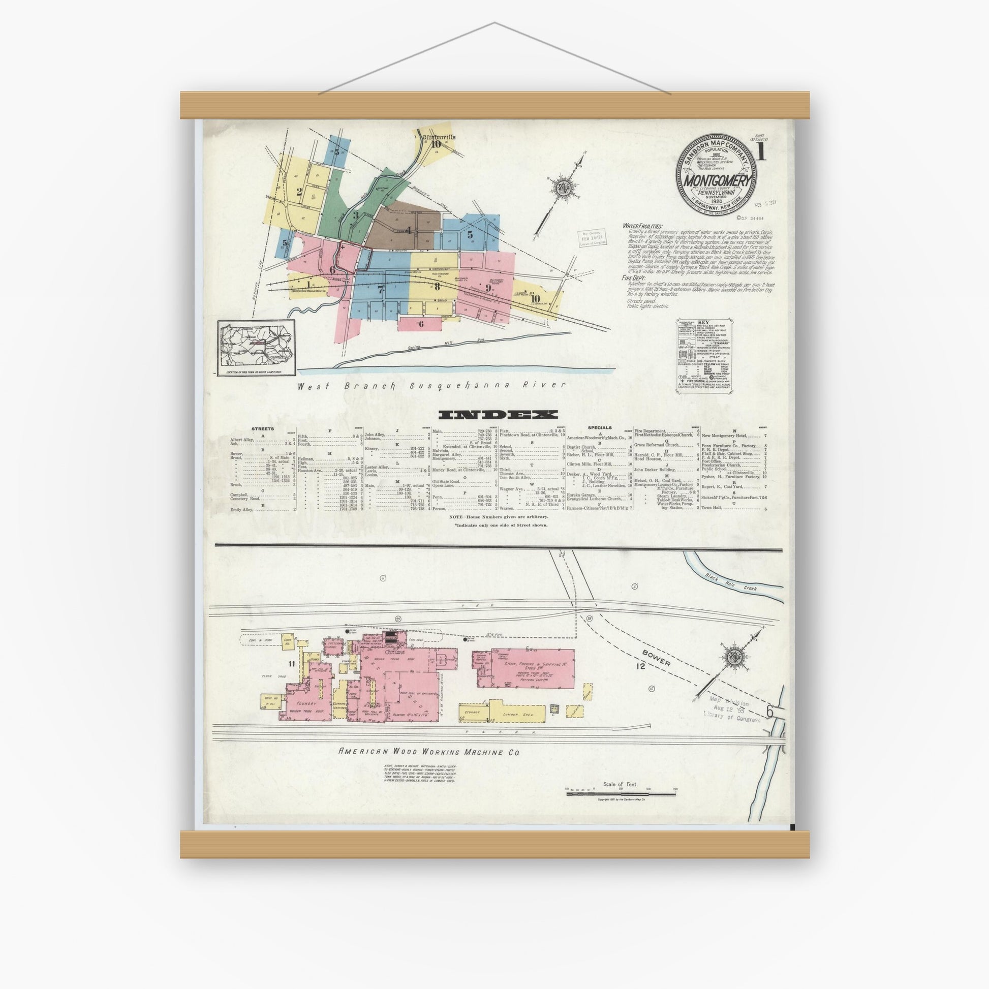 Old map wall art mockup — magnetic wood frame on white wall — Sanborn Fire Insurance Map from Montgomery, Lycoming County, Pennsylvania (1920), Sheet #0001