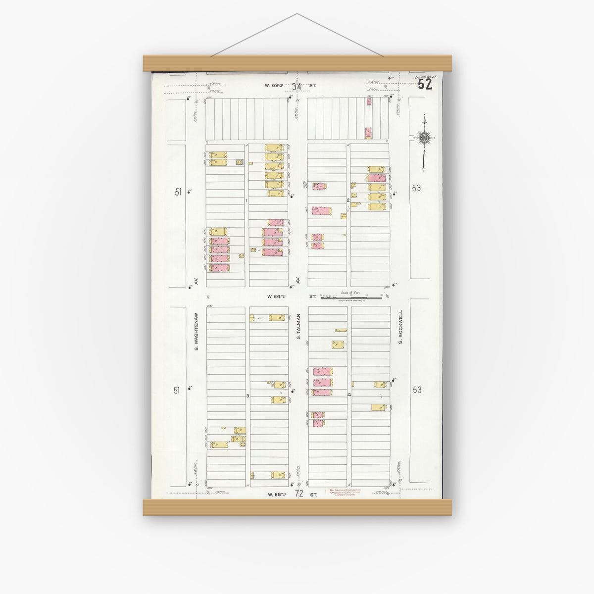 Old map wall art mockup — magnetic wood frame on white wall — Sanborn Fire Insurance Map from Chicago, Cook County, Illinois (1920), Sheet #0052