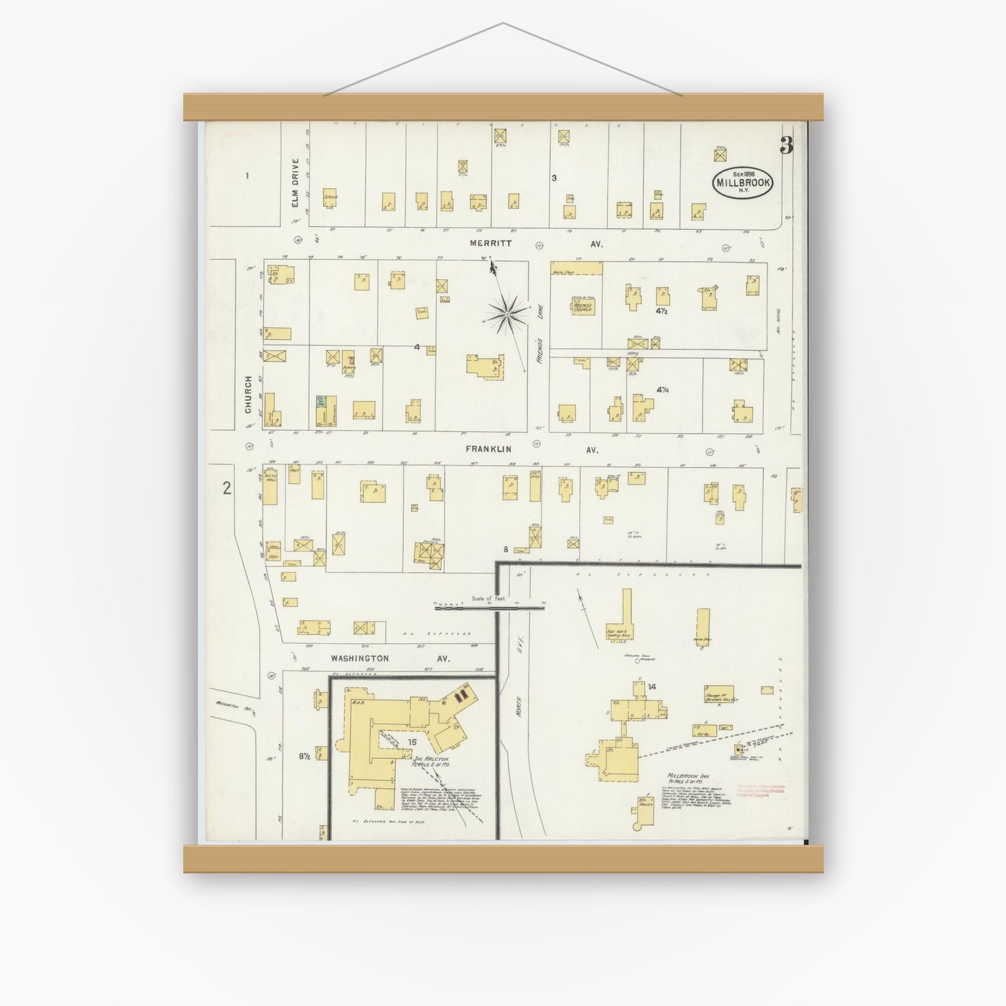 Old map wall art mockup — magnetic wood frame on white wall — Sanborn Fire Insurance Map from Millbrook, Dutchess County, New York (1898), Sheet #0003