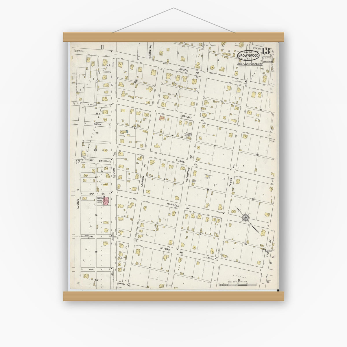Old map wall art mockup — magnetic wood frame on white wall — Sanborn Fire Insurance Map from Brownwood, Brown County, Texas (1915), Sheet #0013