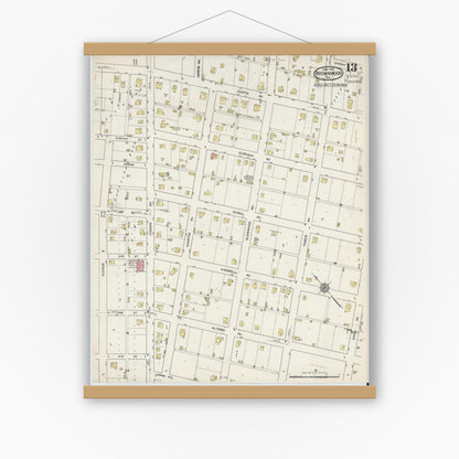 Old map wall art mockup — magnetic wood frame on white wall — Sanborn Fire Insurance Map from Brownwood, Brown County, Texas (1915), Sheet #0013