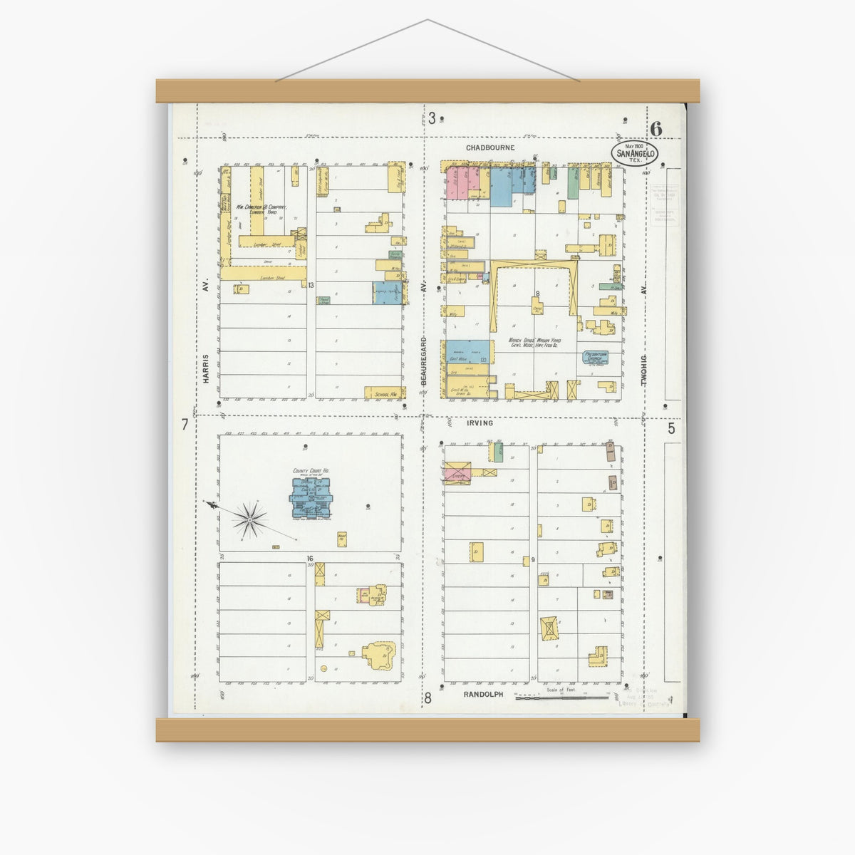Old map wall art mockup — magnetic wood frame on white wall — Sanborn Fire Insurance Map from San Angelo, Tom Green County, Texas (1900), Sheet #0006