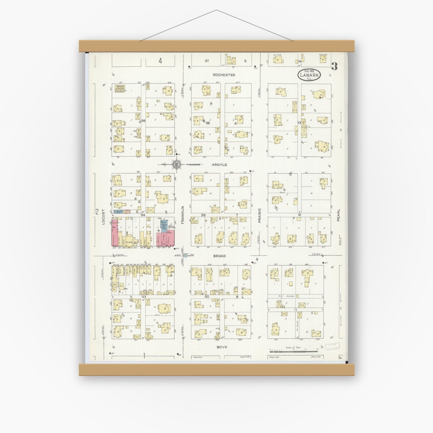 Old map wall art mockup — magnetic wood frame on white wall — Sanborn Fire Insurance Map from Lanark, Carroll County, Illinois (1912), Sheet #0003