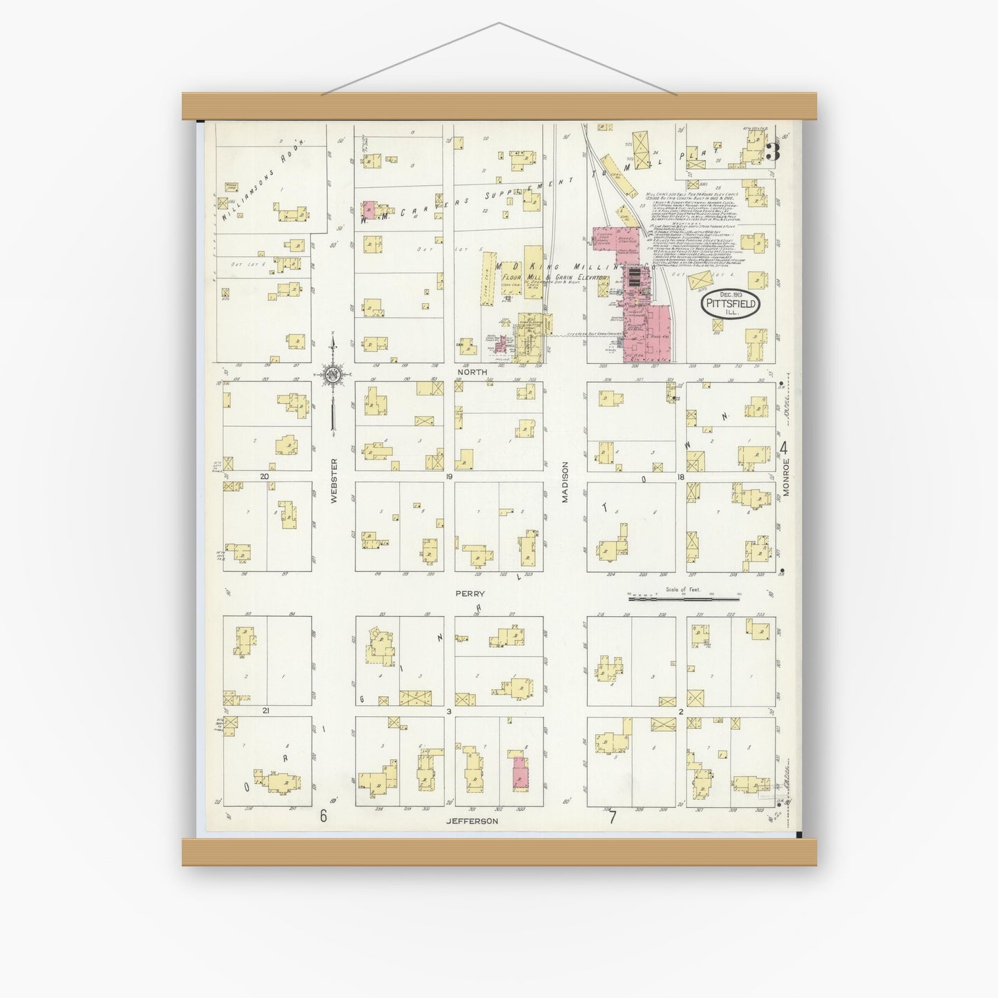 Old map wall art mockup — magnetic wood frame on white wall — Sanborn Fire Insurance Map from Pittsfield, Pike County, Illinois (1913), Sheet #0003
