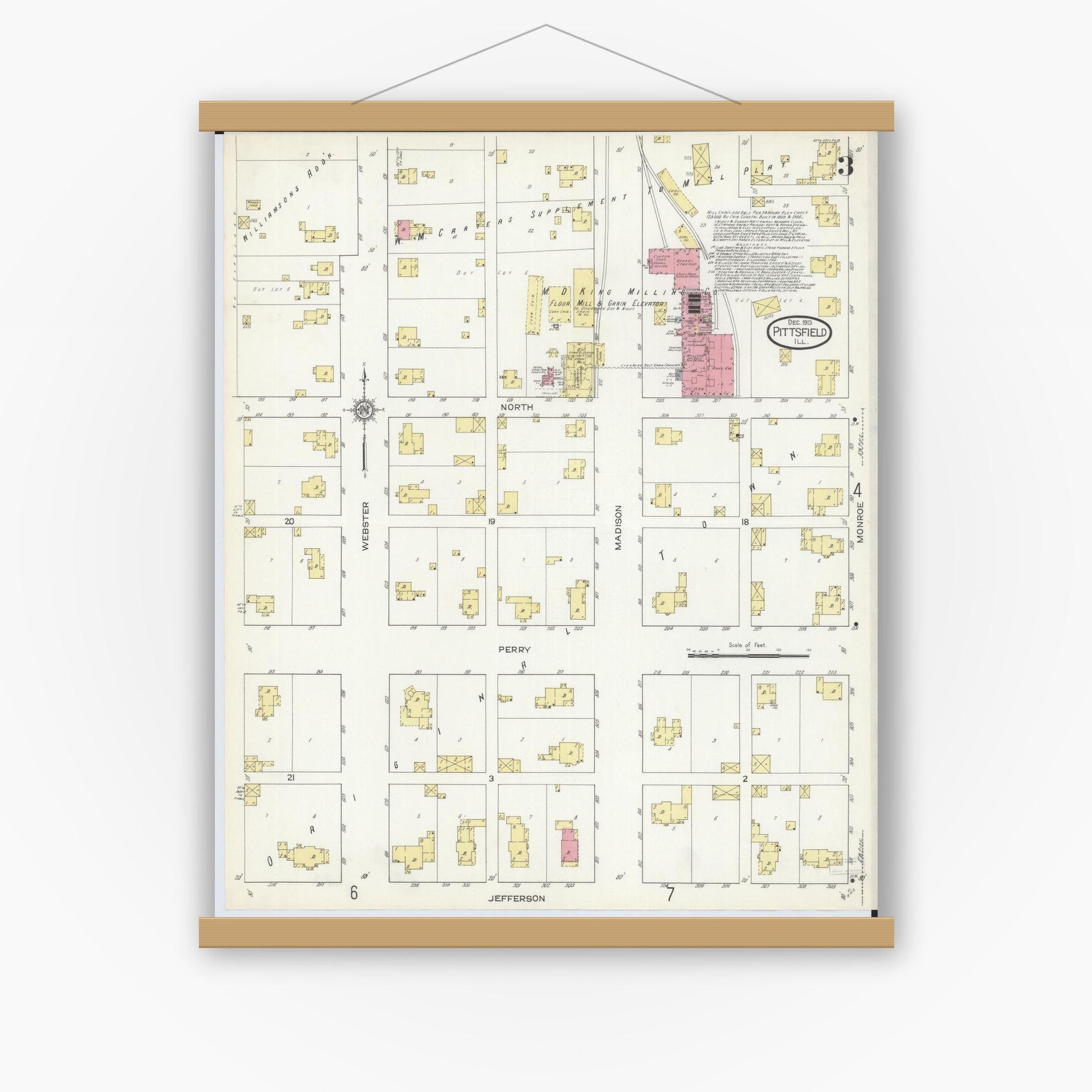 Old map wall art mockup — magnetic wood frame on white wall — Sanborn Fire Insurance Map from Pittsfield, Pike County, Illinois (1913), Sheet #0003