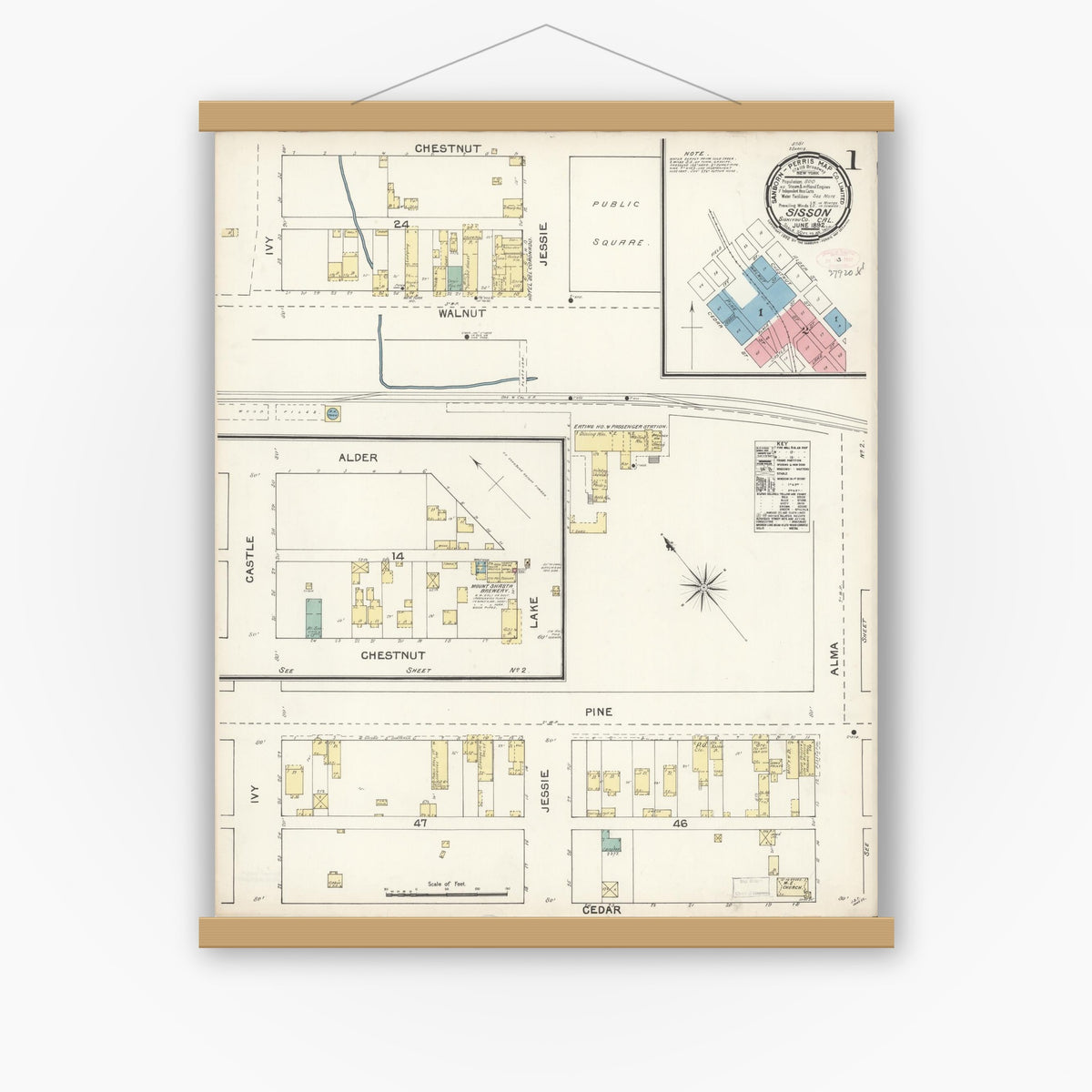 Old map wall art mockup — magnetic wood frame on white wall — Sanborn Fire Insurance Map from Sisson, Siskiyou County, California (1892) - Complete Map Set