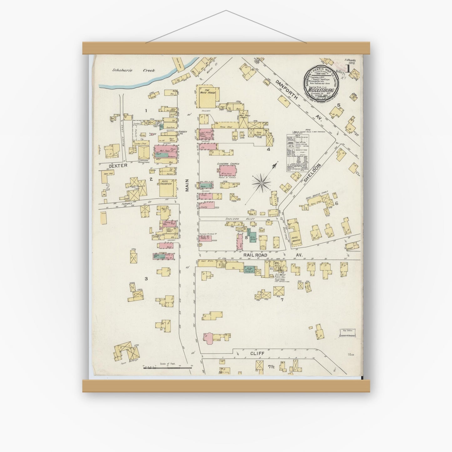 Old map wall art mockup — magnetic wood frame on white wall — Sanborn Fire Insurance Map from Middleburgh, Schoharie County, New York (1892) - Complete Map Set