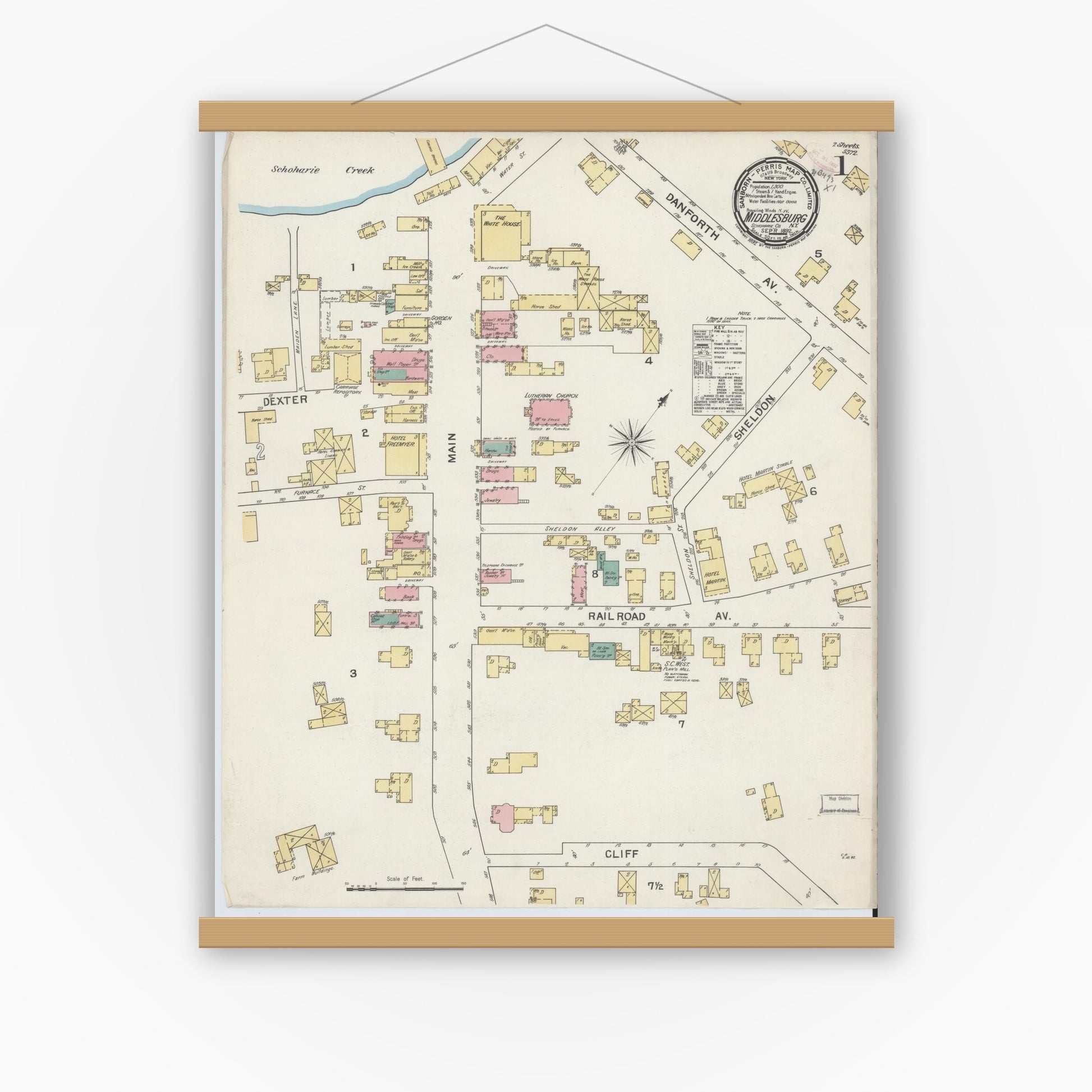 Old map wall art mockup — magnetic wood frame on white wall — Sanborn Fire Insurance Map from Middleburgh, Schoharie County, New York (1892) - Complete Map Set