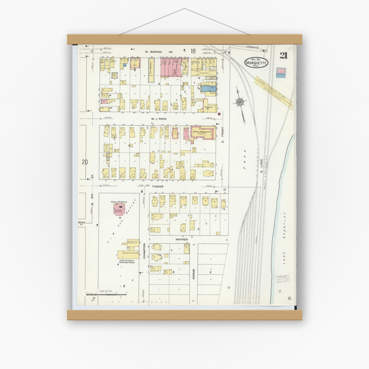 Old map wall art mockup — magnetic wood frame on white wall — Sanborn Fire Insurance Map from Marquette, Marquette County, Michigan (1911), Sheet #0021