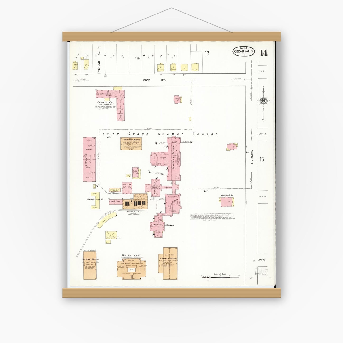 Old map wall art mockup — magnetic wood frame on white wall — Sanborn Fire Insurance Map from Cedar Falls, Black Hawk County, Iowa (1916), Sheet #0014
