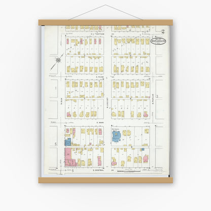 Old map wall art mockup — magnetic wood frame on white wall — Sanborn Fire Insurance Map from West Carrollton, Montgomery County, Ohio (1918), Sheet #0002
