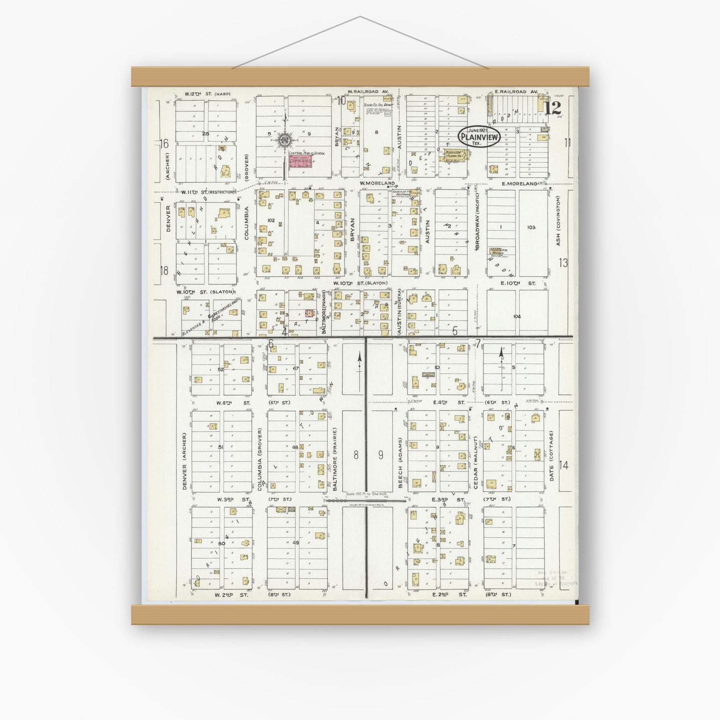 Old map wall art mockup — magnetic wood frame on white wall — Sanborn Fire Insurance Map from Plainview, Hale County, Texas (1921), Sheet #0012