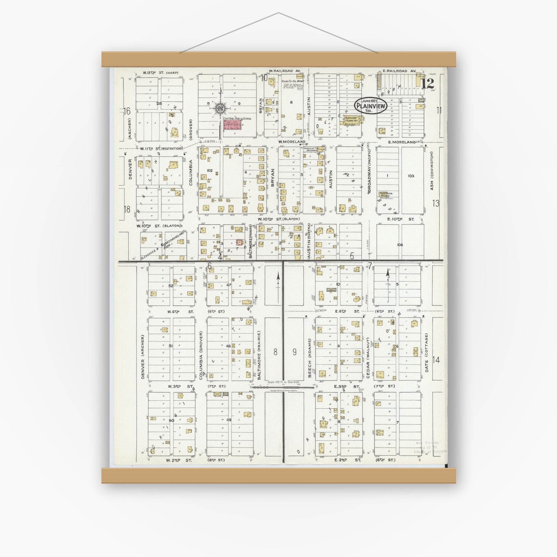 Old map wall art mockup — magnetic wood frame on white wall — Sanborn Fire Insurance Map from Plainview, Hale County, Texas (1921), Sheet #0012