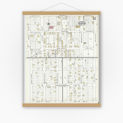 Old map wall art mockup — magnetic wood frame on white wall — Sanborn Fire Insurance Map from Plainview, Hale County, Texas (1921), Sheet #0012