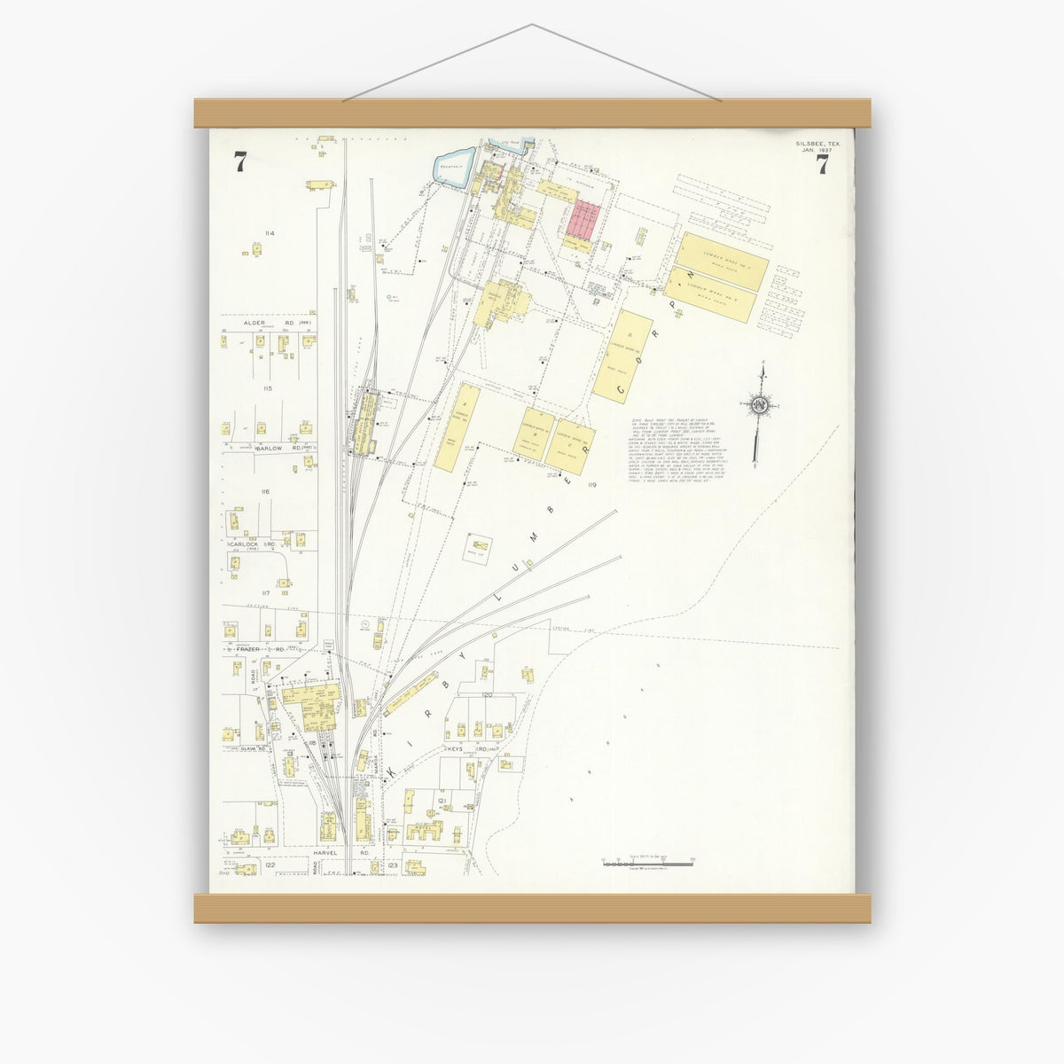 Old map wall art mockup — magnetic wood frame on white wall — Sanborn Fire Insurance Map from Silsbee, Hardin County, Texas (1937), Sheet #0007