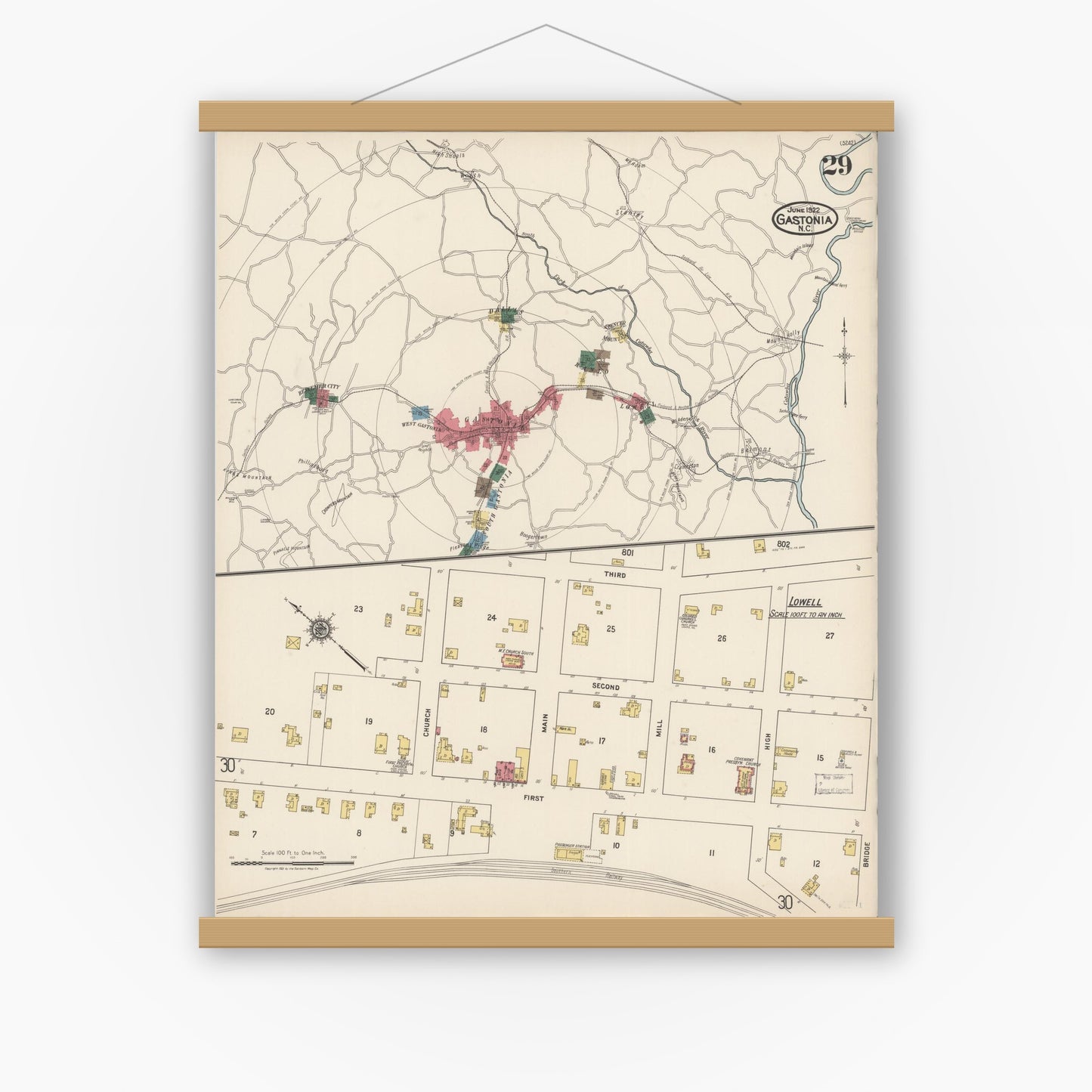 Old map wall art mockup — magnetic wood frame on white wall — Sanborn Fire Insurance Map from Gastonia, Gaston County, North Carolina (1922), Sheet #0029