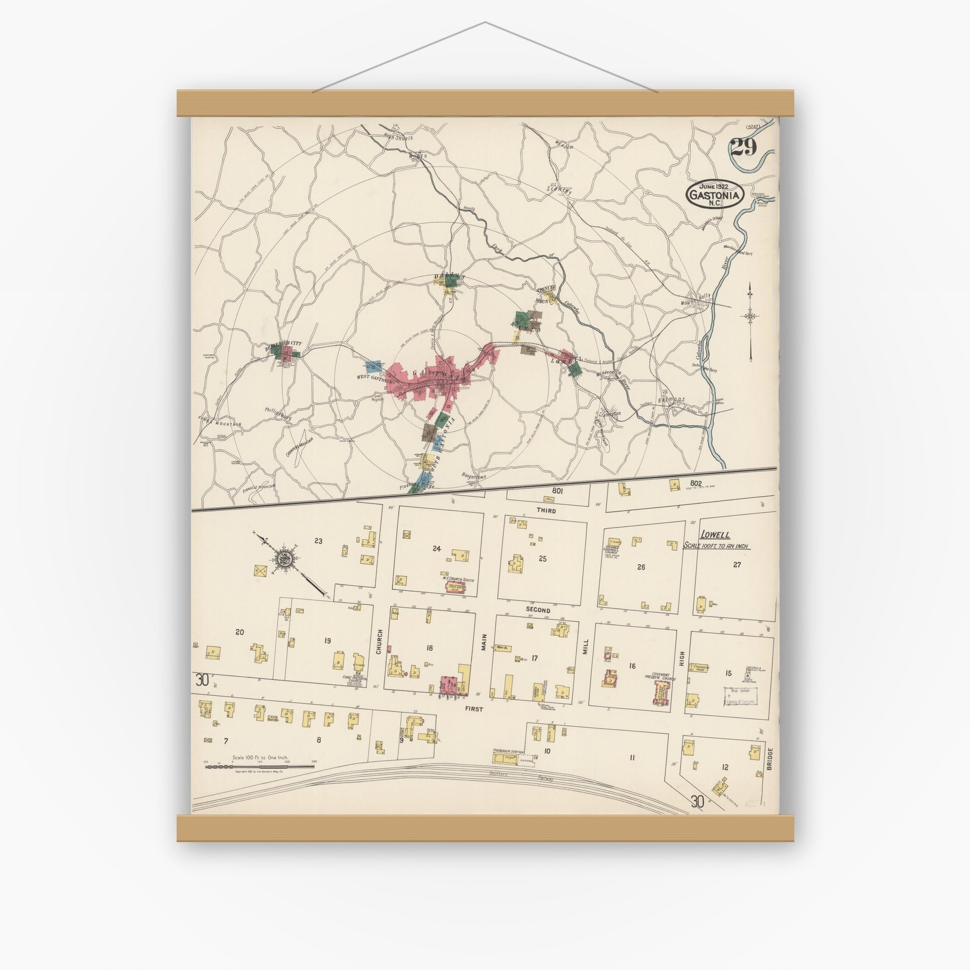 Old map wall art mockup — magnetic wood frame on white wall — Sanborn Fire Insurance Map from Gastonia, Gaston County, North Carolina (1922), Sheet #0029