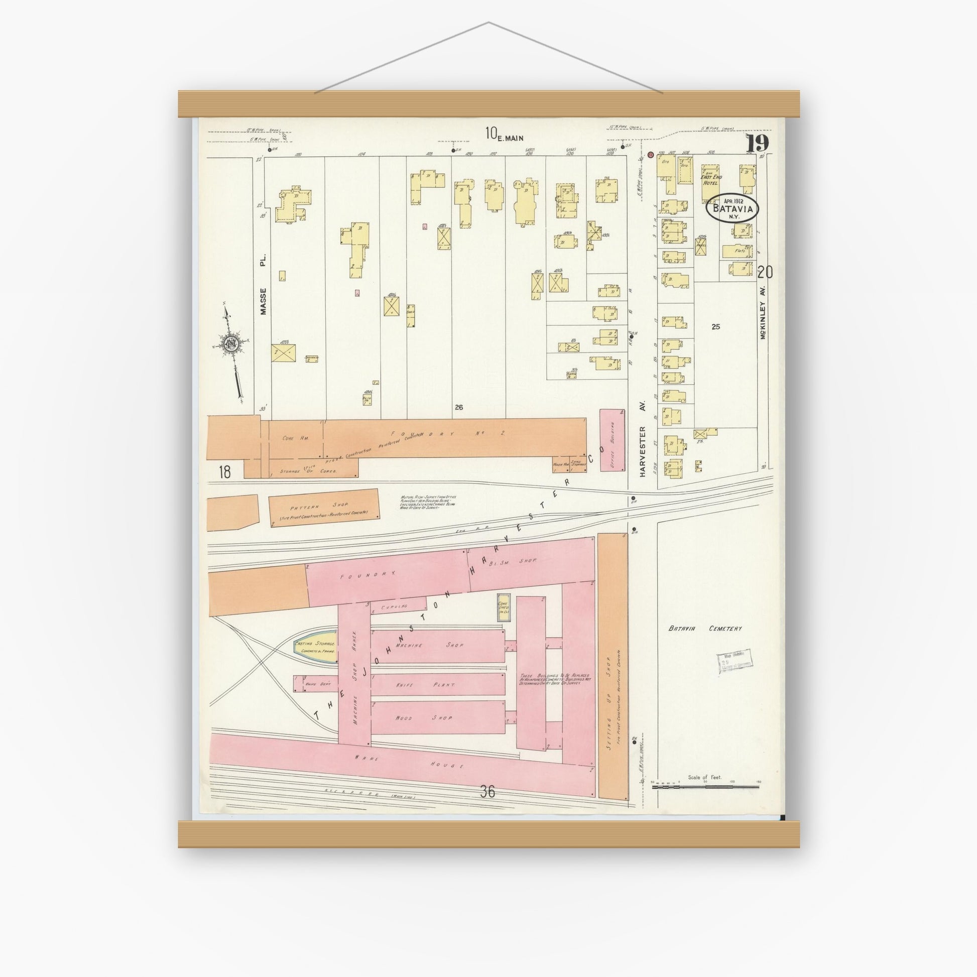 Old map wall art mockup — magnetic wood frame on white wall — Sanborn Fire Insurance Map from Batavia, Genesee County, New York (1912), Sheet #0019