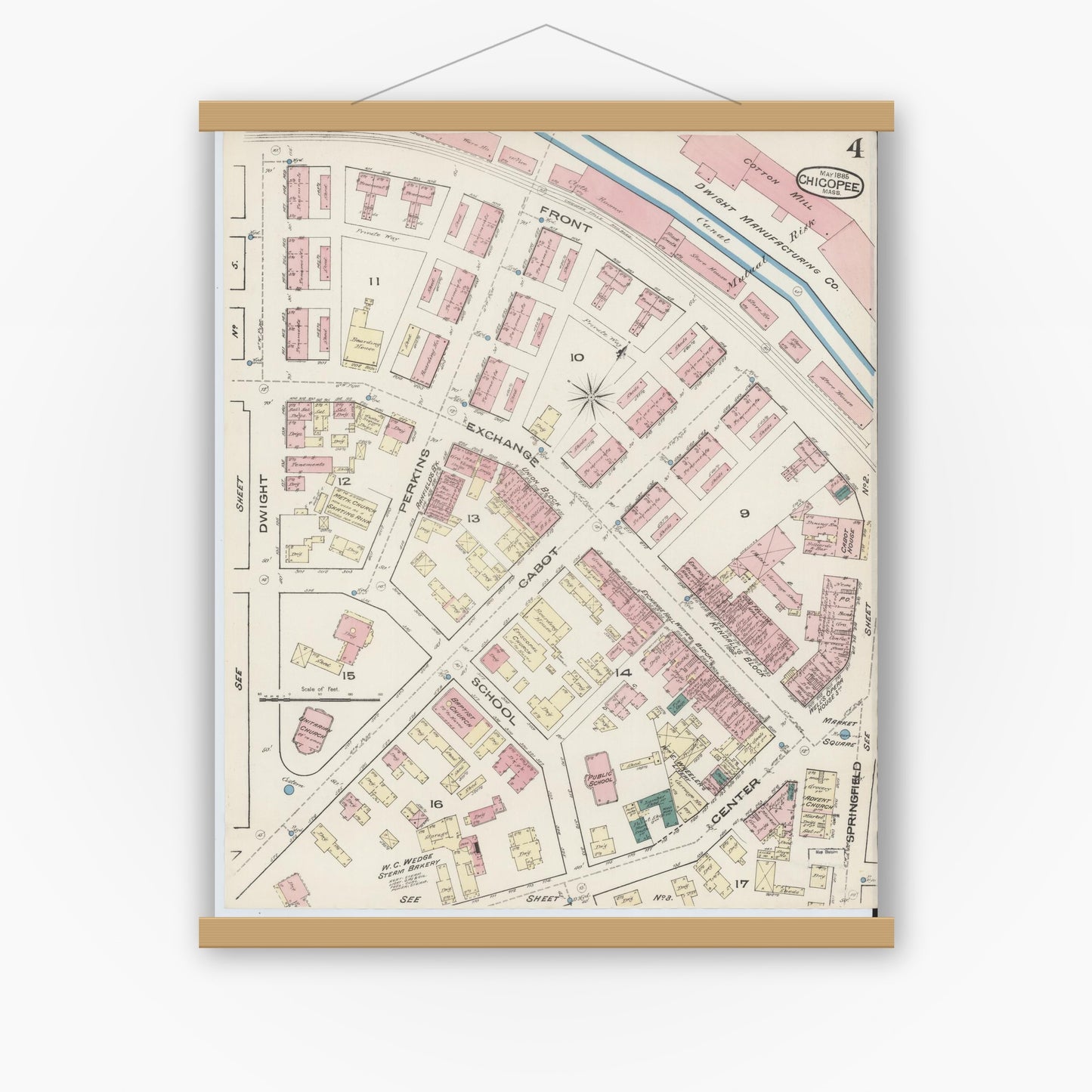 Old map wall art mockup — magnetic wood frame on white wall — Sanborn Fire Insurance Map from Chicopee, Hampden County, Massachusetts (1885), Sheet #0004