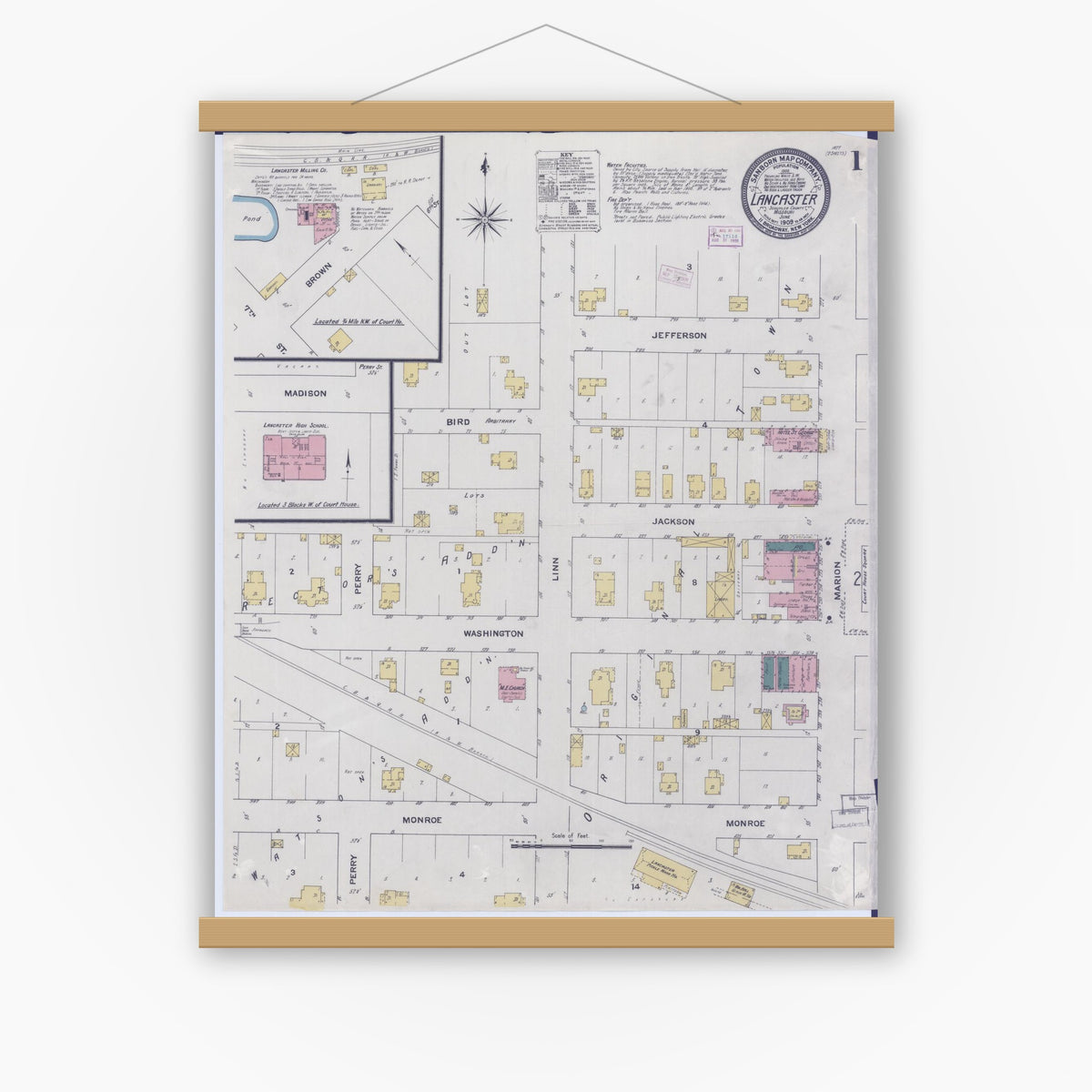 Old map wall art mockup — magnetic wood frame on white wall — Sanborn Fire Insurance Map from Lancaster, Schuyler County, Missouri (1909) - Complete Map Set