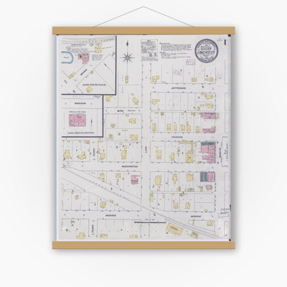 Old map wall art mockup — magnetic wood frame on white wall — Sanborn Fire Insurance Map from Lancaster, Schuyler County, Missouri (1909) - Complete Map Set