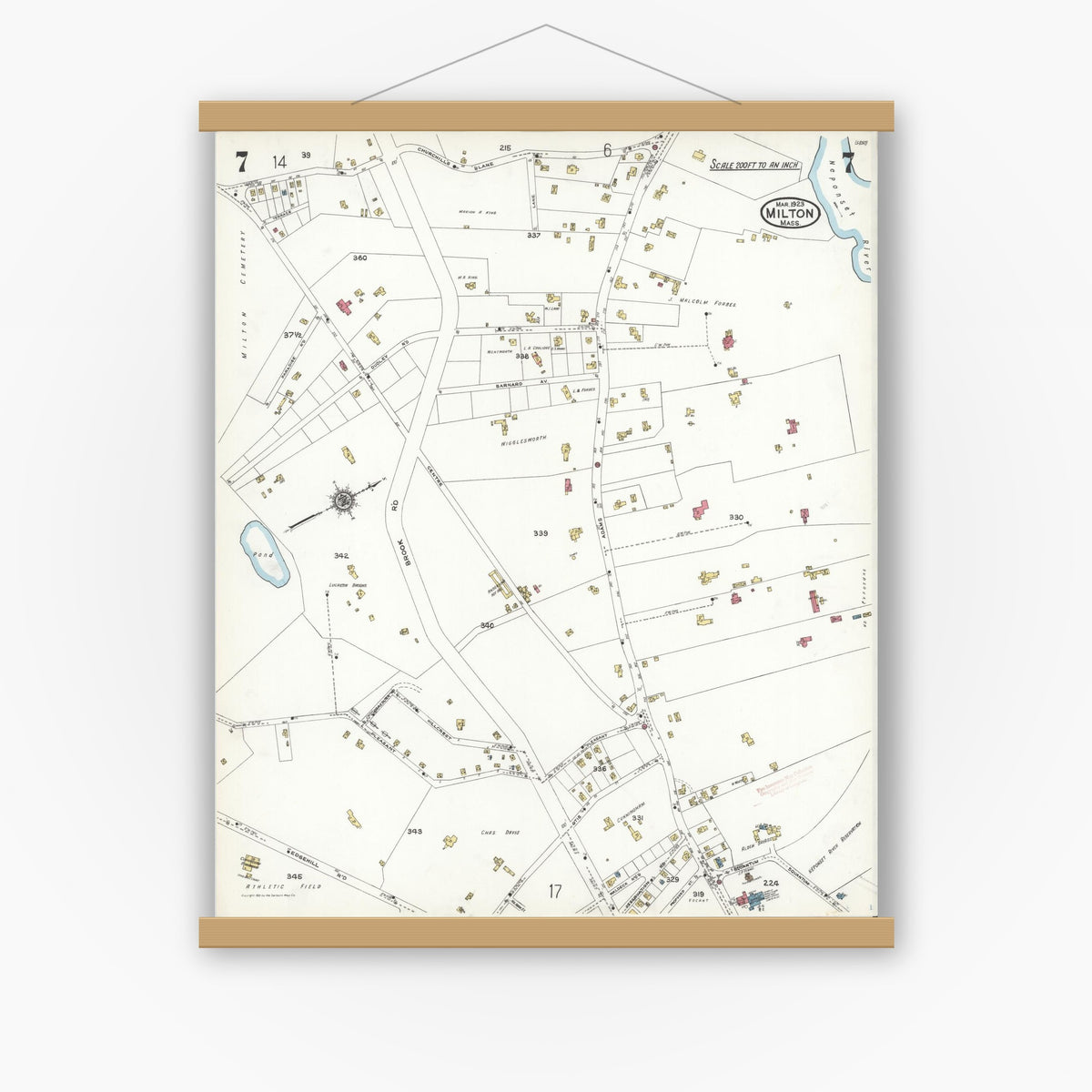Old map wall art mockup — magnetic wood frame on white wall — Sanborn Fire Insurance Map from Milton, Norfolk County, Massachusetts (1923), Sheet #0007