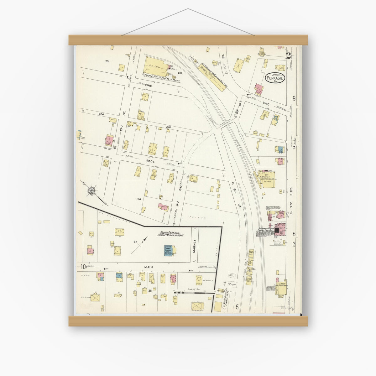 Old map wall art mockup — magnetic wood frame on white wall — Sanborn Fire Insurance Map from Perkasie, Bucks County, Pennsylvania (1913), Sheet #0002