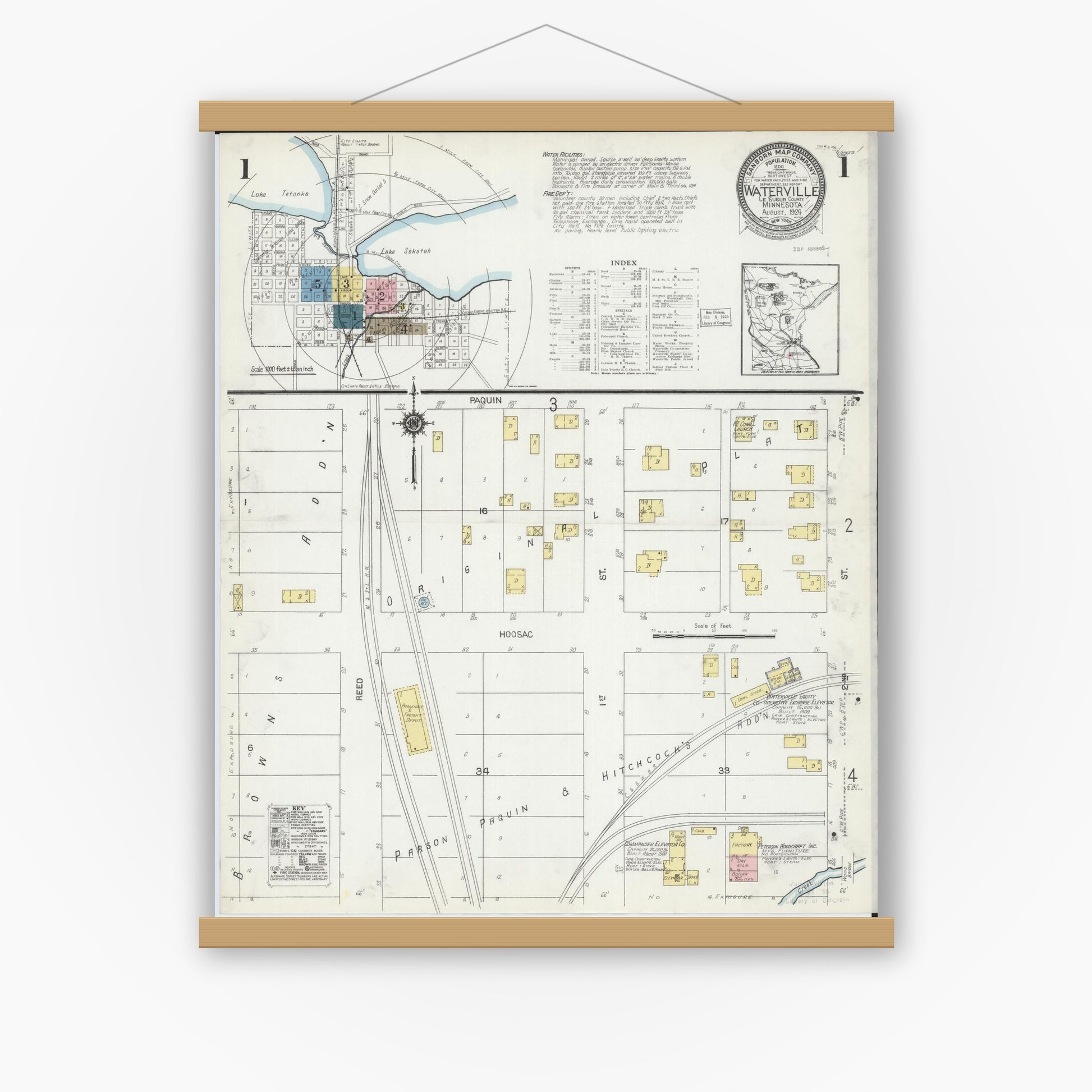 Old map wall art mockup — magnetic wood frame on white wall — Sanborn Fire Insurance Map from Waterville, Le Sueur County, Minnesota (1924) - Complete Map Set