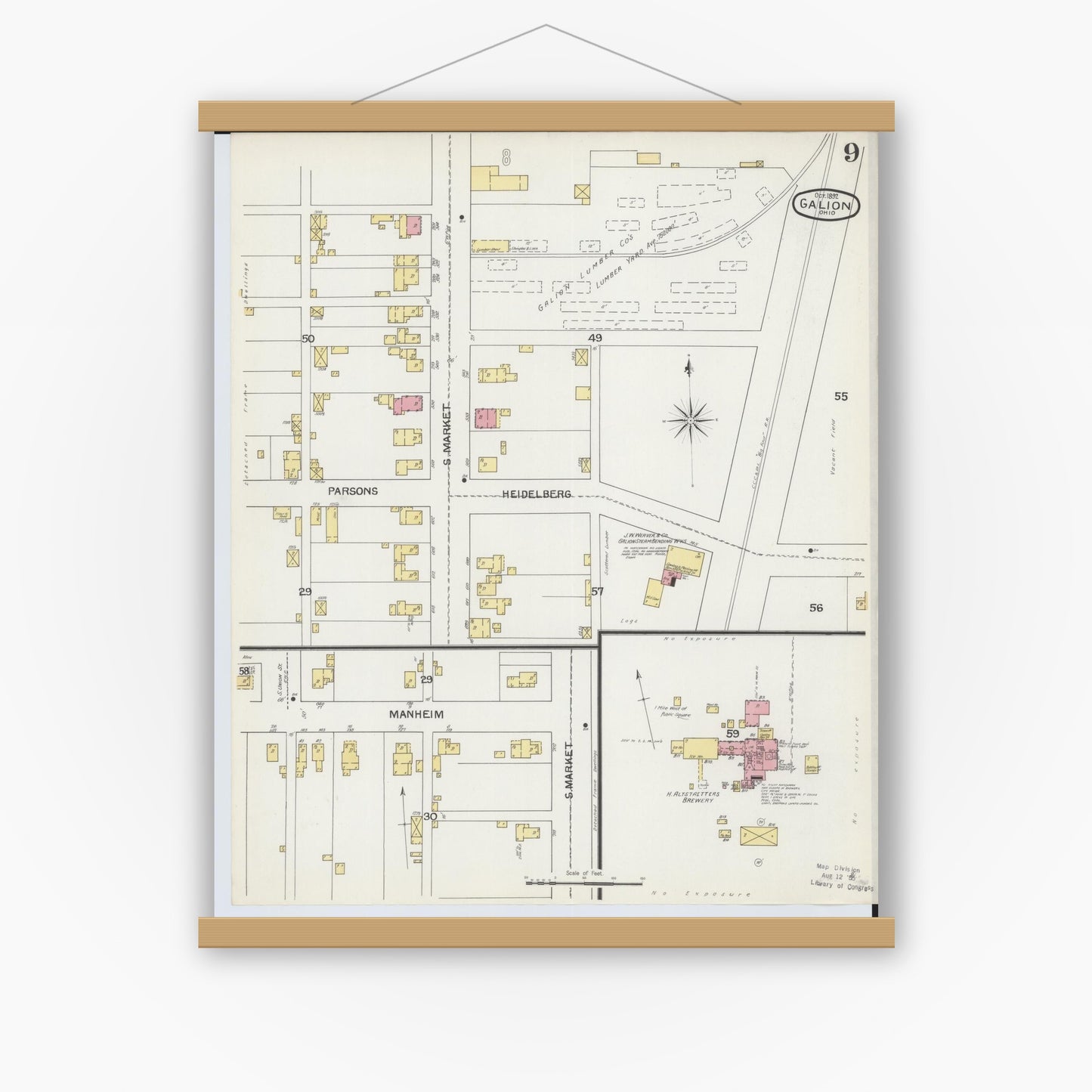 Old map wall art mockup — magnetic wood frame on white wall — Sanborn Fire Insurance Map from Galion, Crawford County, Ohio (1892), Sheet #0009